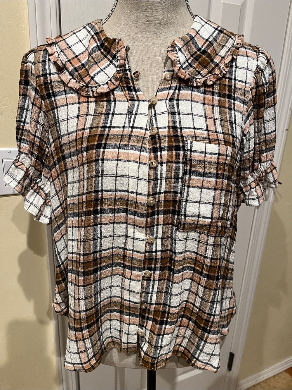 Pilcro Plaid Ruffle Collar Top (Anthropologie)